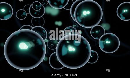 3d bubbles move in stream. Design. Large soap bubbles move in stream on black background. Colored bubbles move brilliantly in stream. Stock Photo
