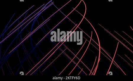 Colorful lines intersect. Design. Thin lines bend and weave on black background. Background of moving and intersecting lines. Stock Photo