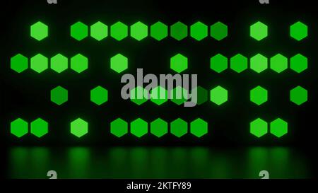 Background of flashing hexagons. Design. Glowing hexagons with reflection on surface of black background. Geometric background with glowing hexagons. Stock Photo