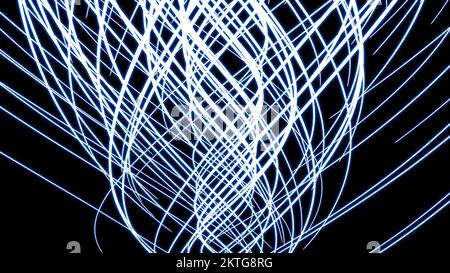 Abstract moving and curving narrow fibers on a black background. Design. Twisted narrow stripes like tentacles Stock Photo