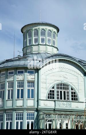 The historic building, an example of characteristic wooden architecture in Latvia's seaside resort town Jurmala. Stock Photo