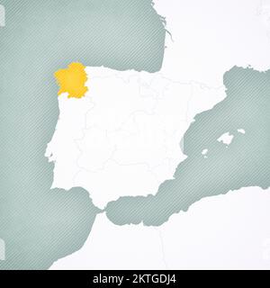 Galicia on the map of Iberian Peninsula with softly striped vintage background. Stock Photo