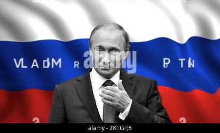 Animation with President of Russia on background of flag. Motion. Intro for political debates. Presidents and countries of world. Stock Photo