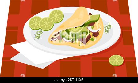 Mexican Tacos. Traditional popular Mexican dish is beef tacos, wrapped in flour tortillas on plate with lime slices. Vector illustration of Latin Amer Stock Vector