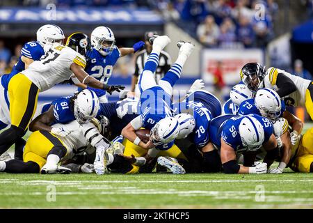 November 28, 2022: Indianapolis Colts quarterback Matt Ryan (2) dives for the first down during NFL game iagainst the Pittsburgh Steelers n Indianapolis, Indiana. John Mersits/CSM. Stock Photo