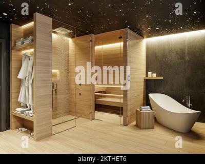 Beautiful modern design of bathroom and spa with star ceiling, 3d rendering, 3d illustration Stock Photo