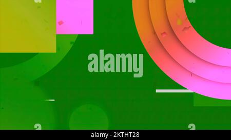 Green and blue background with multicolored geometric shapes. Motion.Multicolored ovals and rectangles in animation appear on a simple monochrome back Stock Photo