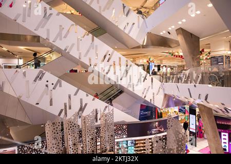 Interior Australian shopping mall centre in Melbourne city centre, Christmas decorations and bank of escalators ,Victoria,Australia Stock Photo