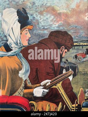 WOMAN DRIVER Section of a 1903 poster for the Italian car company Diatto-Clement Stock Photo