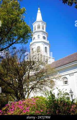 St.Michaels Church,Broad Street, French Quarter,Picturesque Scene,  Charleston, South Carolina, United States of America Stock Photo