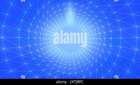 Abstract blue tunnel with thing stripes creating triangular silhouettes. Motion. Slowly moving inside blue corridor with white light Stock Photo