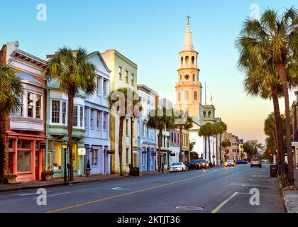 St.Michaels Church,Broad Street, French Quarter,Picturesque Scene,  Charleston, South Carolina, United States of America Stock Photo