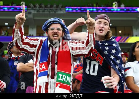 Doha, Qatar. 29th Nov, 2022. USA fans support their team during the 2022 FIFA World Cup Group B match at Al Thumama Stadium in Doha, Qatar on November 29, 2022. Photo by Chris Brunskill/UPI Credit: UPI/Alamy Live News Stock Photo