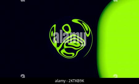 Abstract fluid drop of liquid in bright holographic colors gradients. Design. Reflective surface of sphere with green and black stains on the backgrou Stock Photo