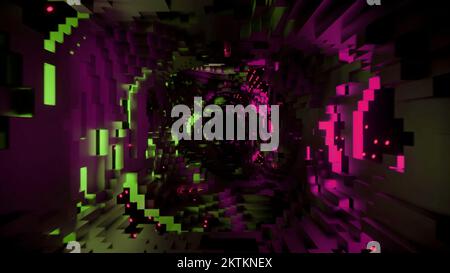 Abstract underground ruined tunnel with flying bricks. Design. Dark underground tunnel with green and pink neon lights Stock Photo