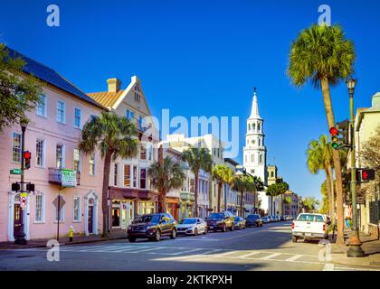 St.Michaels Church,Broad Street, French Quarter,Picturesque Scene,  Charleston, South Carolina, United States of America Stock Photo