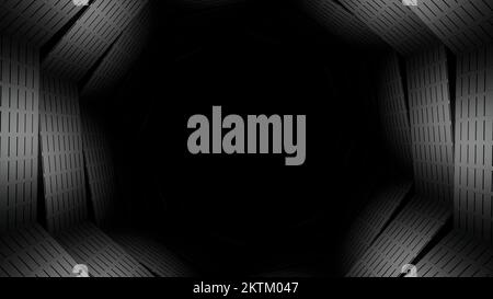 Hexagonal shaped dark tunnel with light stripes. Design. Moving inside dark tube like tunnel of spinning stripes Stock Photo
