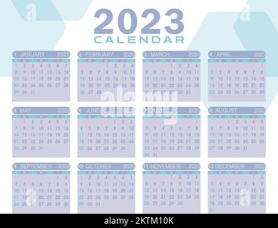 2023 calendar vector illustration. starts on sunday. 2023 calendar template. Calendar design in elegant colors. Stock Vector