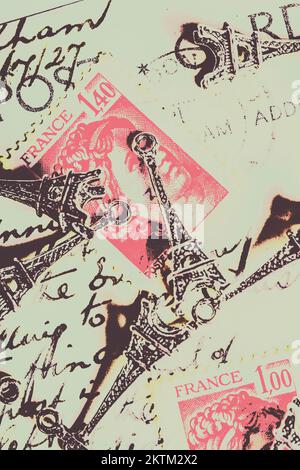 Posterized still life art on romantic retro postcards and Eiffel tower landmarks. Francs script Stock Photo