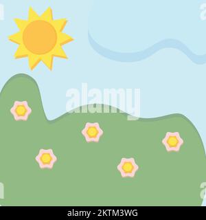 Background texture with abstract spots, flower and sun in trendy spring hues in paper card style. Copyspace. Good for banner, web, label, wallpaper, poster, postcard, posting or price tag. Vector EPS. Stock Vector