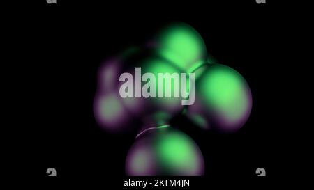 Abstract spheres of green and and purple spheres pulsating on a black background. Design. Glowing balls stick together and break apart Stock Photo