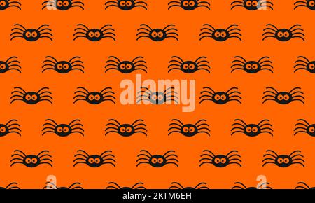 Cute little black spiders on orange background. Halloween party seamless pattern. Scrapbooking or wrapping paper, fabric design, textile print. Vector cartoon illustration Stock Vector