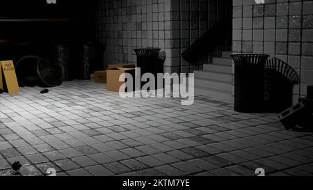 Abstract underground bunker with stones falling down the stairs. Design. Scary dark underground building interior with white tiles Stock Photo