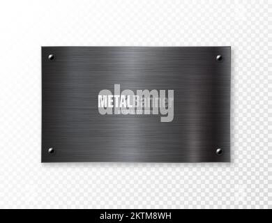 Realistic black metal banners collection. Brushed steel or aluminium plate, panel with screws. Polished metal surface. Old grunge texture with Stock Vector