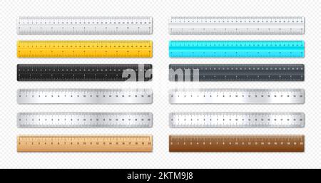 Realistic various metal and plastic rulers with measurement scale and divisions, measure marks. School ruler, centimeter and inch scale for length Stock Vector