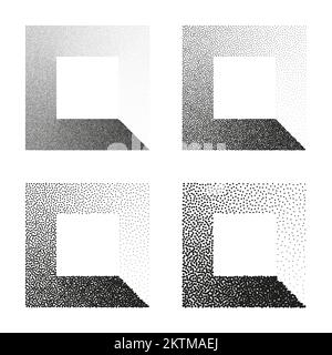 Square shaped dotted objects, stipple elements. Stippling, dotwork drawing, shading using dots. Pixel disintegration, halftone effect. White noise Stock Vector