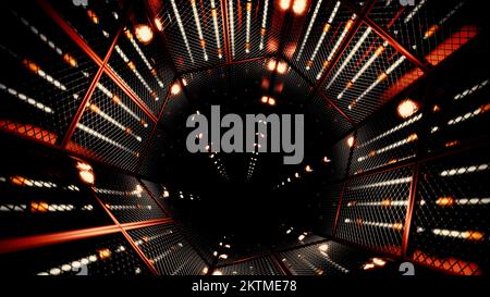 Fly through mirror tunnel with technological pattern. Design. 3D corridor with glowing lights Stock Photo