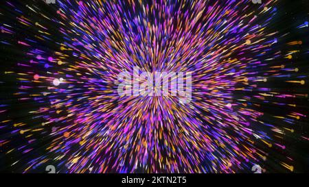 Collapsing energy flow. Motion. Bright lines of energy flow disappear at point. Disappearance of energy explosion in outer space. Stock Photo