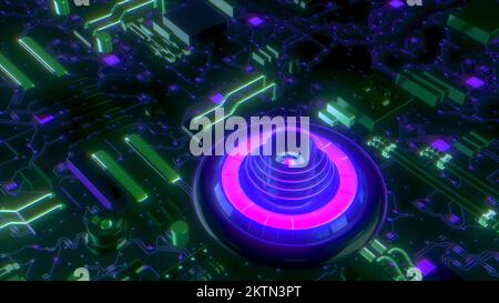 Computer system with neon details. Motion. Futuristic computer technology in details of chip. Neon lines details of computer chip or motherboard. Stock Photo