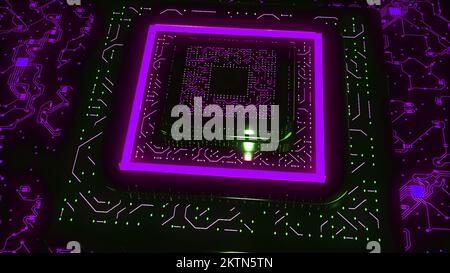 Animation with large 3D computer chip. Motion. Neon computer chip with connection lines. Pyramid of computer motherboard with neon lines. Stock Photo