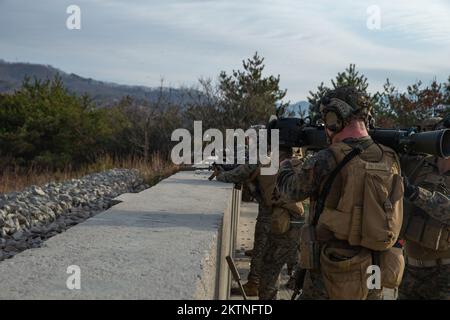 U.S. Marines with 3d Battalion, 4th Marines participate in a platoon attack during Korea Marine Exercise Program (KMEP) 23.1 at Rodriguez Live Fire Complex, Republic of Korea, Nov. 21. KMEP is conducted routinely to maintain the trust, proficiency, and readiness of the ROK-U.S. Alliance. 3d Battalion, 4th Marines is forward deployed in the Indo-Pacific under 4th Marines, 3d Marine Division as part of the Unit Deployment Program. (U.S. Marine Corps photo by Lance Cpl. Michael Taggart) Stock Photo