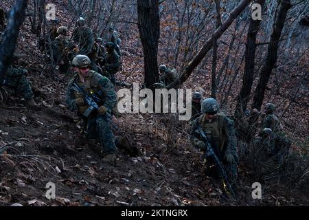U.S. Marines with 3d Battalion, 4th Marines participate in a platoon attack during Korea Marine Exercise Program (KMEP) 23.1 at Rodriguez Live Fire Complex, Republic of Korea, Nov. 21. KMEP is conducted routinely to maintain the trust, proficiency, and readiness of the ROK-U.S. Alliance. 3d Battalion, 4th Marines is forward deployed in the Indo-Pacific under 4th Marines, 3d Marine Division as part of the Unit Deployment Program. (U.S. Marine Corps photo by Lance Cpl. Michael Taggart) Stock Photo