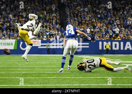 Indianapolis, Indiana, USA. 29th Nov, 2022. November 28th, 2022 Indianapolis Colts wide receiver Alec Pierce (14) misses a catch with coverage from Pittsburgh Steelers safety Damontae Kazee (23) and Pittsburgh Steelers cornerback Cameron Sutton (20) during Pittsburgh Steelers vs Indianapolis Colts in Indianapolis, IN. Jake Mysliwczyk/BMR (Credit Image: © Jake Mysliwczyk/BMR via ZUMA Press Wire) Stock Photo