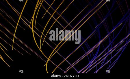 Colorful lines intersect. Design. Thin lines bend and weave on black background. Background of moving and intersecting lines. Stock Photo