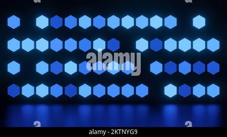 Background of flashing hexagons. Design. Glowing hexagons with reflection on surface of black background. Geometric background with glowing hexagons. Stock Photo