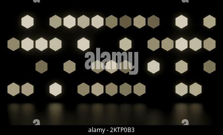Background of flashing hexagons. Design. Glowing hexagons with reflection on surface of black background. Geometric background with glowing hexagons. Stock Photo