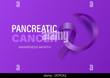 Pancreatic Cancer Banner, Card, Placard with Vector 3d Realistic Purple Ribbon on Purple Background. Pancreatic Cancer Awareness Month Symbol Closeup Stock Vector