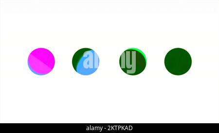 Row of dots changing color. Motion. Four circles with moving color parts. Simple animation with dots changing colors on white background. Stock Photo