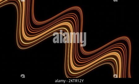Wavy stripe with moving neon lines. Design. Wavy line moves diagonally on black background. Not new lines are moving in wavy stream. Stock Photo