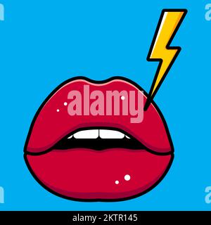 Cartoon yellow lightning and red lips. Vector sticker. Vector illustration. Stock Vector