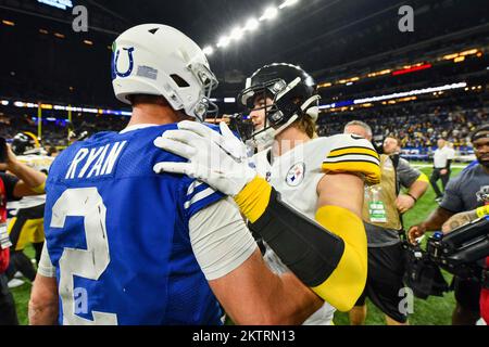 Indianapolis, Indiana, USA. 29th Nov, 2022. November 28th, 2022 Pittsburgh Steelers quarterback Kenny Pickett (8) and Indianapolis Colts quarterback Matt Ryan (2) during postgame at Pittsburgh Steelers vs Indianapolis Colts in Indianapolis, IN. Jake Mysliwczyk/BMR (Credit Image: © Jake Mysliwczyk/BMR via ZUMA Press Wire) Stock Photo