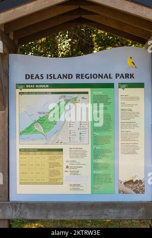 Deas Island Regional Park sign in Delta, British Columbia, Canada Stock Photo