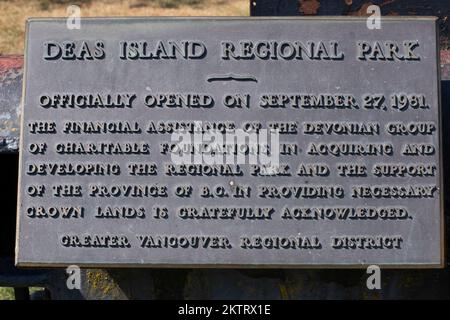 Deas Island Regional Park sign in Delta, British Columbia, Canada Stock Photo