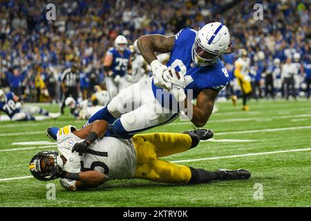 Indianapolis Colts tight end Mo Alie-Cox (81) wears an NFL Crucial Catch  logo on his helmet during the first half of an NFL football game, Thursday,  Oct. 6, 2022, in Denver. (AP