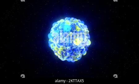 Abstract division of cells in round shaped 3D shere isolated on a black background. Motion. Unknown 3D object of small cells Stock Photo