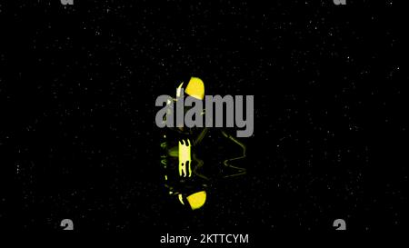 Black background with flying glowing white dust. Design. A bright yellow and blue silhouette sitting in animation and small white stars flying around Stock Photo